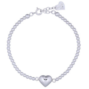 A polished sterling silver puffed heart charm bracelet