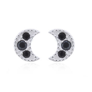 A pair of tiny crescent moon 925 stud earrings with cubic zirconia black