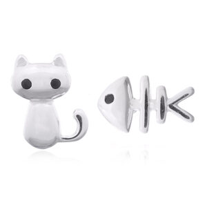 A pair of kitten and fish bone 925 silver earrings with cz eyes