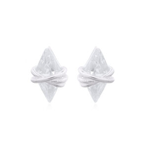 A pair of tied diamond shaped cubic zirconia stud silver earrings