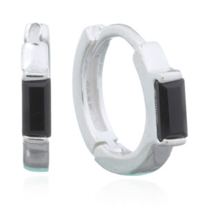 A pair of rectangle shaped cz black on huggie silver hoop earrings