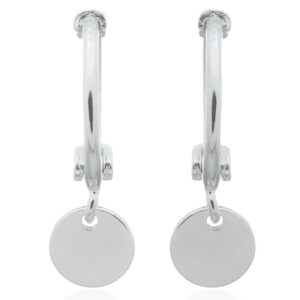 A pair of mini hoop hanging disc silver 925 huggie earrings