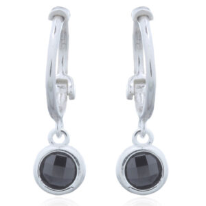 A pair of cz black charm hanging silver hoop huggie earrings