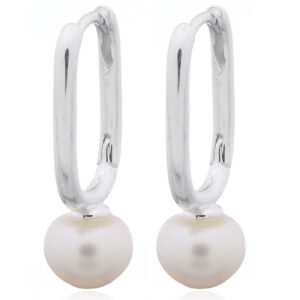 A pair of oval huggie freshwater pearl silver earrings