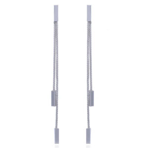 A pair of sterling silver stud earrings rectangles on long box chains