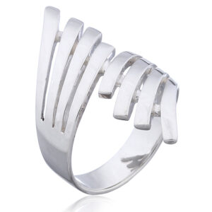 A plain silver ring split up bands wrap around the finger