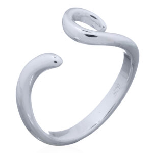 A plain sterling silver open band curl wraps around the finger