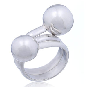 An adorable sterling silver spiral ring with spheres on endpoints