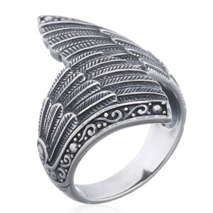 A feather wings closed up silver oxidized ring