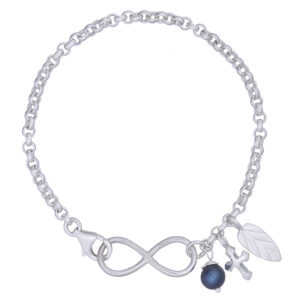 A silver infinity bracelet flat rolo chain with charms