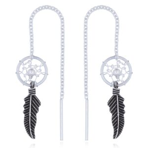 A pair of feather dream catcher silver threader earrings