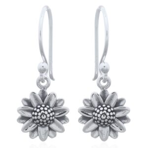 A pair of 925 silver small sunflower dangle earrings double petal row