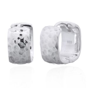 A pair of bold square hammered sterling silver huggie hoops