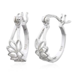 A pair of open lotus flower 925 silver hoop earrings
