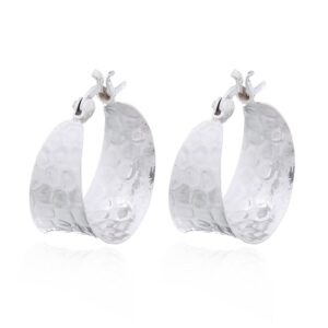 A pair of hammered concave sterling silver hoop earrings