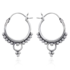 A pair of sterling silver hanging antique bali hoop earrings