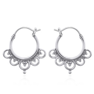 A pair of filigree petal sterling silver hoop earrings