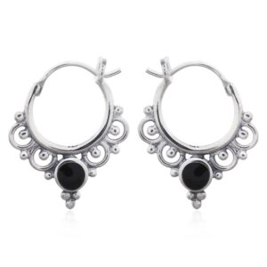A pair of ornamented boho synthetic black stone hoop earrings 925 silver