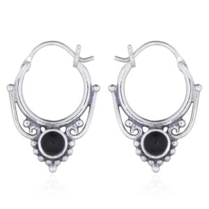 A pair of 925 silver boho classic synthetic black stone hoop earrings
