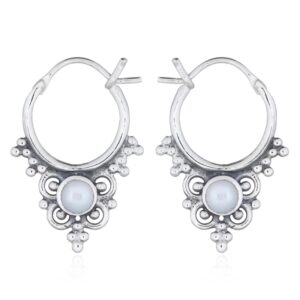 A pair of boho antiqued hoop mother of pearl earrings 925 silver