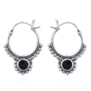 A pair of synthetic black stone dotted boho 925 silver hoop earrings