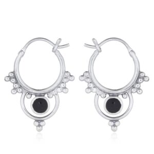 A pair of stunning boho hoop synthetic black stone 925 silver earrings