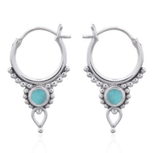 A pair of hanging antique green synthetic stone 925 silver hoop earrings