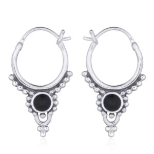 A pair of boho ethnic style hoop synthetic black stone 925 silver earrings