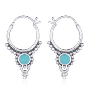 A pair of boho ethnic style hoop synthetic green stone 925 silver earrings