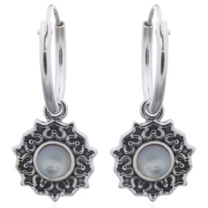 A pair of sunny floral mother of pearl sterling silver hoop earrings