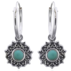 A pair of sunny floral green stone sterling silver hoop earrings