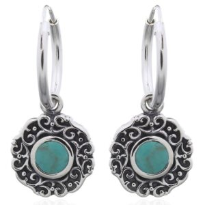 A pair of swirly ajoure sterling silver green hoop earrings