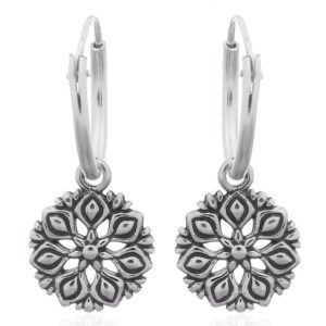 A pair of dahlia flower vintage style 925 silver hoop earrings
