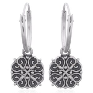 A pair of floral ajoure antiqued 925 silver hoop earrings