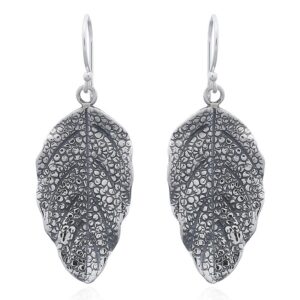 A pair of oxidized textured leaf silver dangle earrings