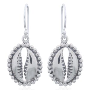 A pair of beaded cowrie shell sterling silver dangle earrings