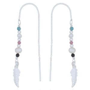 A pair of tribal feather threader silver chain earrings pearls and stones
