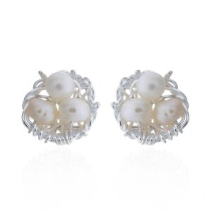 A pair of freshwater pearl bird's nest sterling silver stud earrings