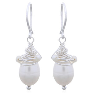 A pair of 925 silver spiral wire top wrapped freshwater pearl earrings