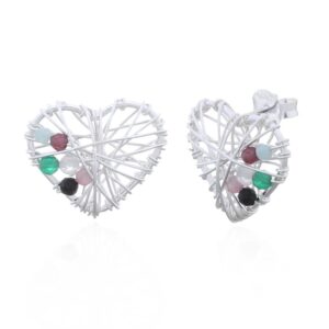 A pair of mixed gemstones wire wrapped heart 925 silver stud earrings