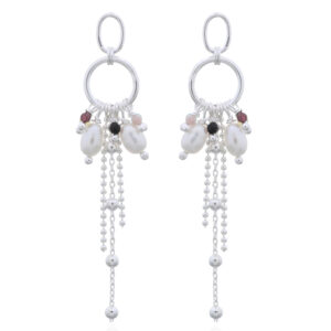 A pair of mixed stone beads tassel chain 925 silver stud earrings