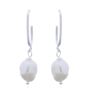 A pair of sterling silver freshwater pearl drop rectangle stud semi-hoop earrings