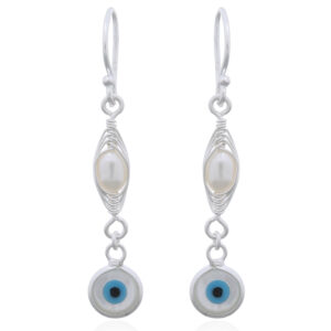 A pair of wire wrapped freshwater pearl and shell nazar 925 silver danglers