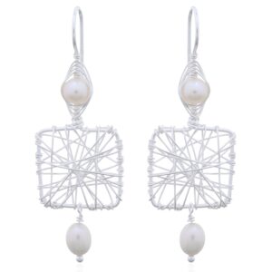 A pair of wirework square frame silver earrings with freshwater pearls
