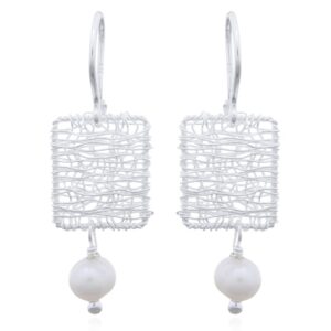 A pair of wire wrapped freshwater pearl sterling silver square drop earrings