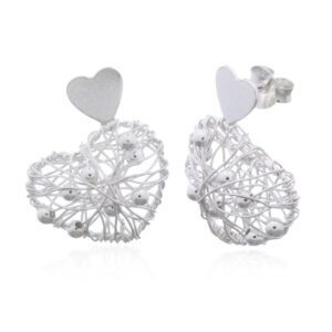 A pair of heart wire thread sterling silver stud earrings