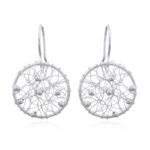 A pair of wire wrapped circle mesh with beads silver dangle earrings