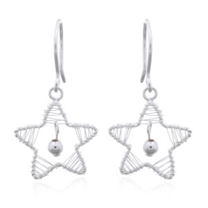 A pair of sterling silver star wire and ball dangle earrings