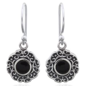 A pair of swirly ajoure sterling silver black stone dangle earrings