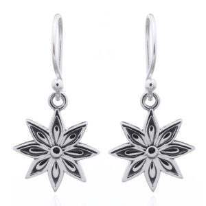 A pair of pointed eight petal flower sterling silver dangle earrings